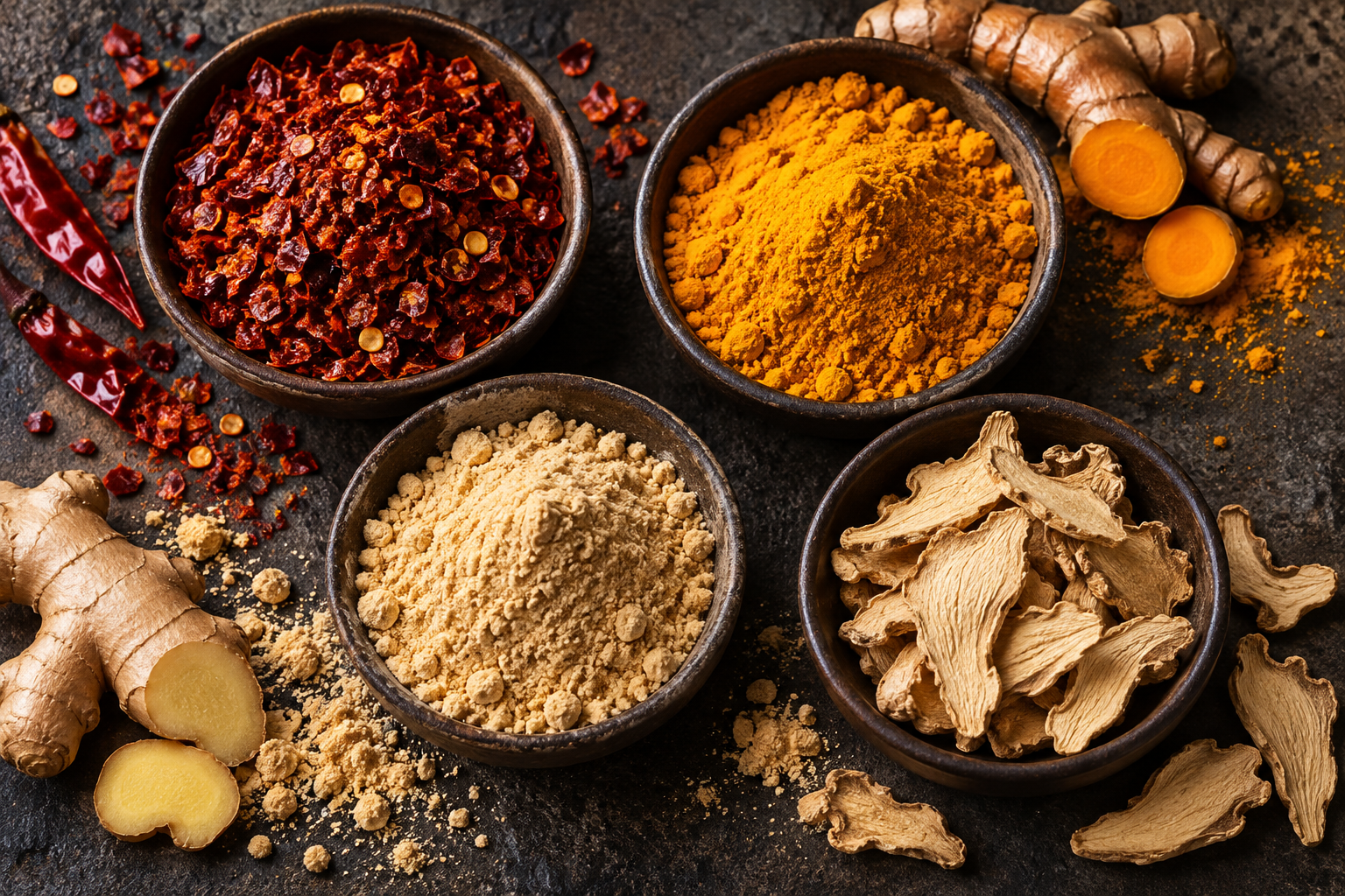 Dried chilies, ginger and turmeric prepared for cooking